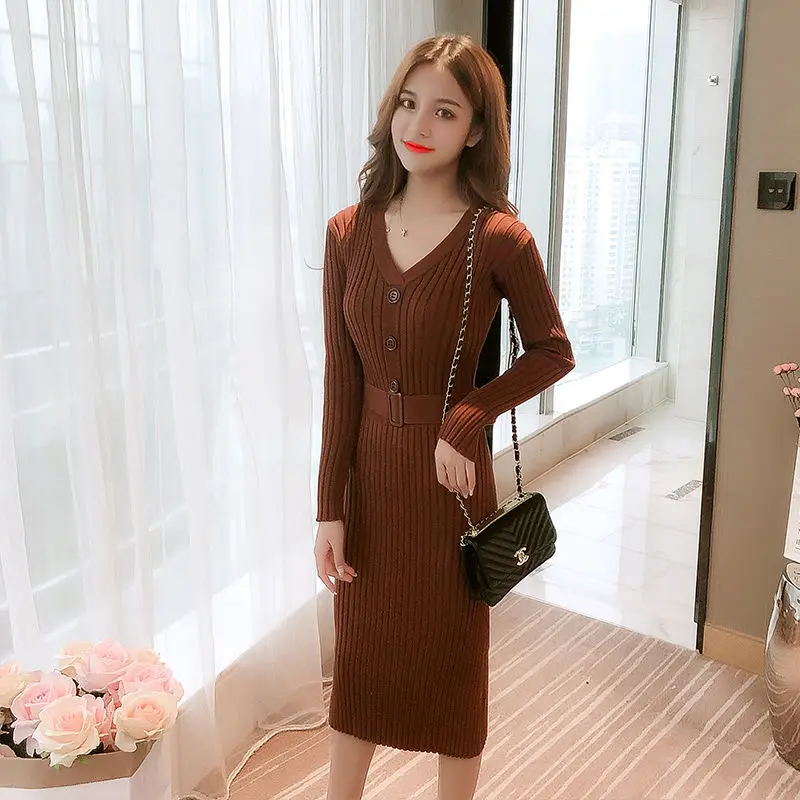 

Elegant Knitting Pullover Sweater Midi Dress Female Base Long Buttoned Belt Dress Woman V-neck Slim Bodycon Dress Autumn Winter