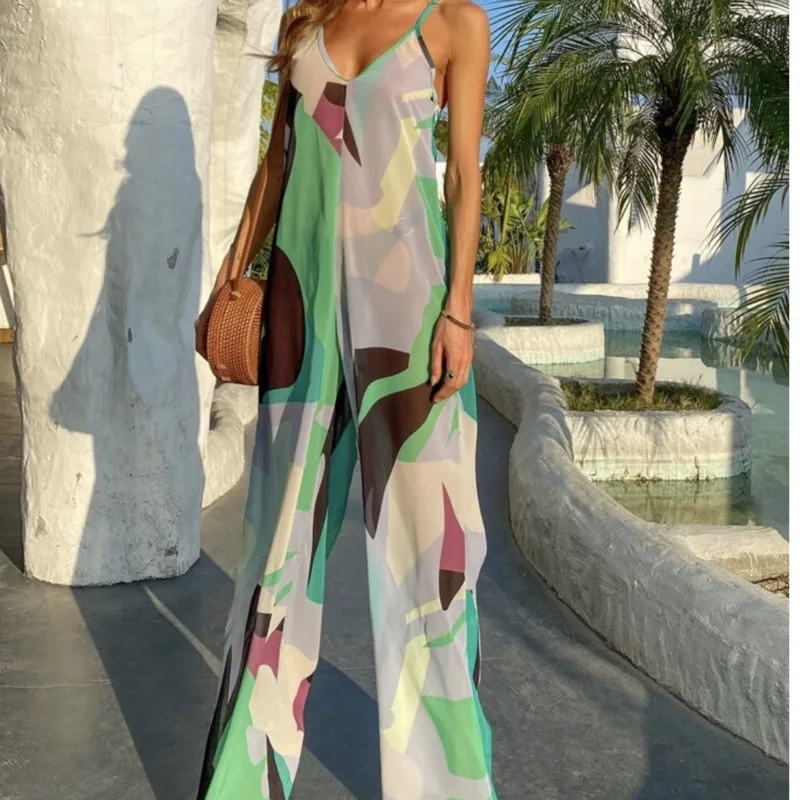 

Print Wide Leg Jumpsuit Spaghetti Strap Loose Casual Bodysuit 2021 Vintage Sleeveless Bacnkless V Neck Summer Women Jumpsuit