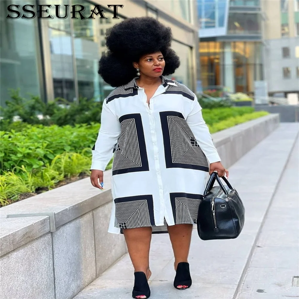 

SSEURAT Women Plus Size Dress Autumn and Winter Fashion Print Long Sleeve Irregular Casual Loose Dress
