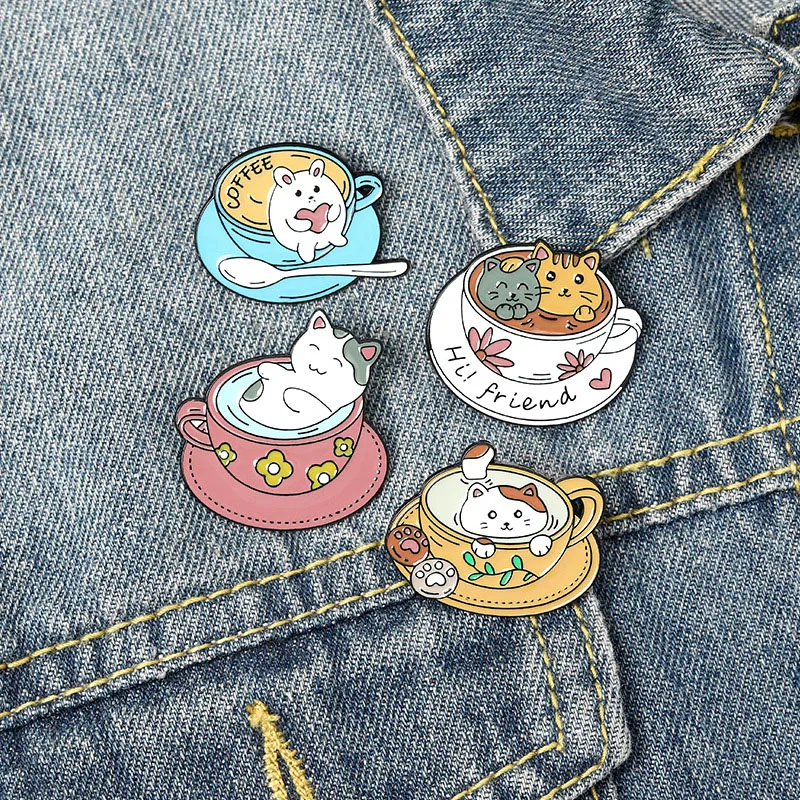 

Cup Cat Enamel Pin Custom Cute Cats Coffee Brooch Bag Clothes Lapel Pin Kitten Cafe Badge Animal Jewelry Gift for Kids Friends
