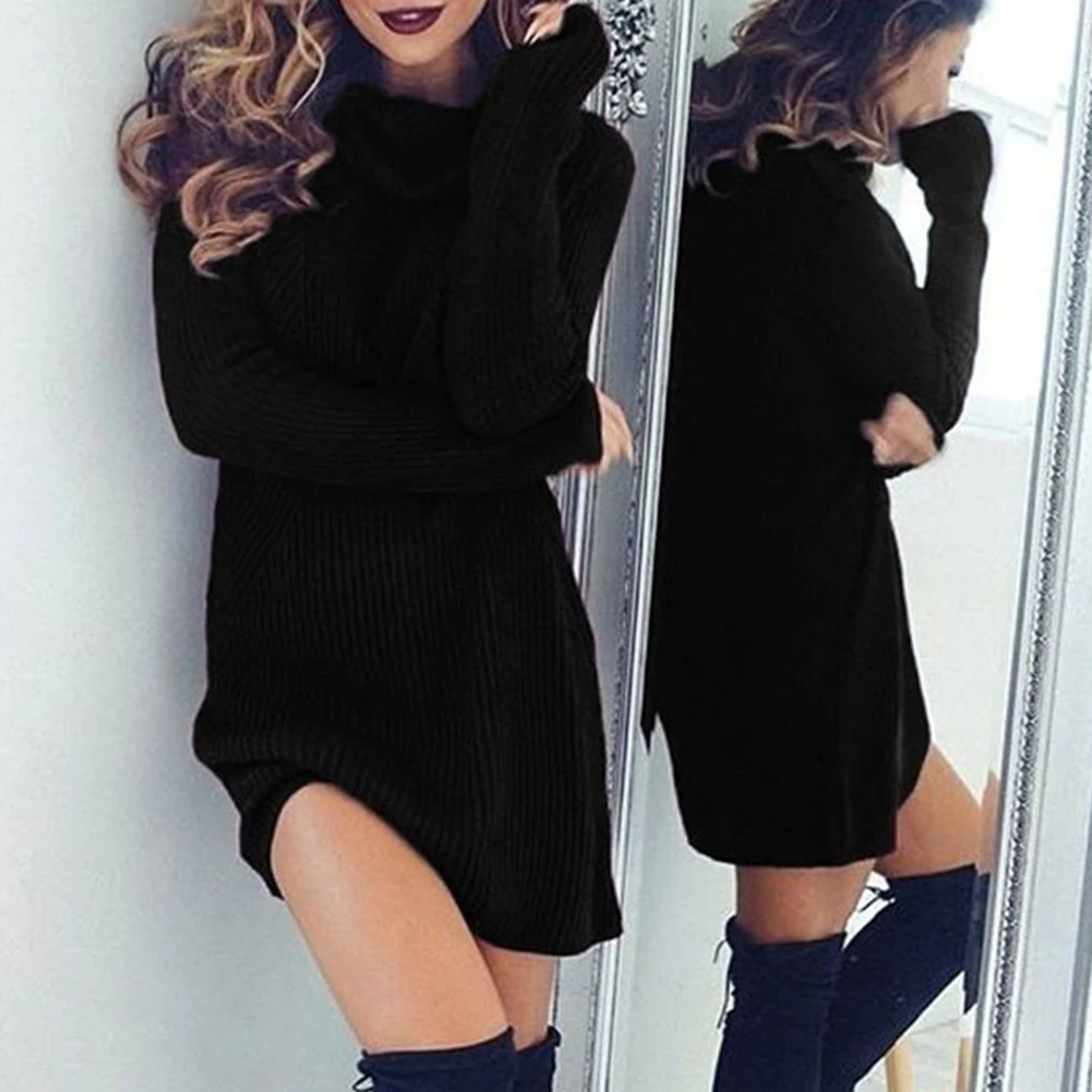 Fashion Chic Style Women Solid Color Turtleneck Long Sleeve Casual Short Loose Warm Knitted Sweater Dress | Женская одежда