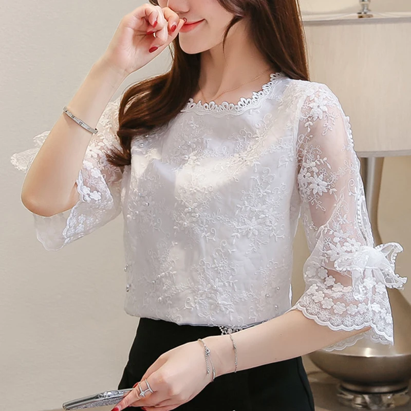 

Women Blouse O Neck Summer 2021 New Lace Loose Fashion Hollow Bow Half Sleeve Chiffon Embroidery Mesh Beading Ladies Tops
