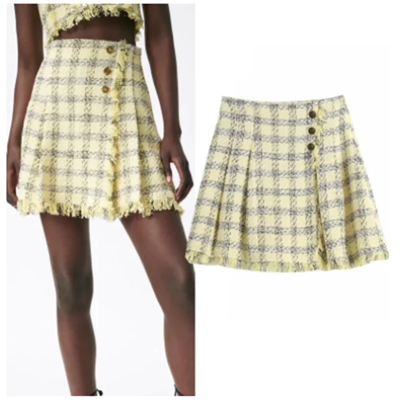 

Summer 2021 Za Yellow Plaid Women Skirt Pleated High Waist Mini Skirts Woman Fashion Textured Frayed A Line Short Skirts