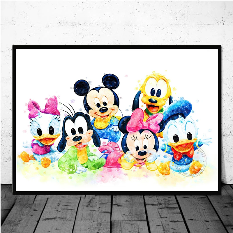 

Watercolor Disney Mickey Mouse Donald Duck Canvas Painting Posters and Prints Cartoon Wall Art Picture for Kids Room Decor