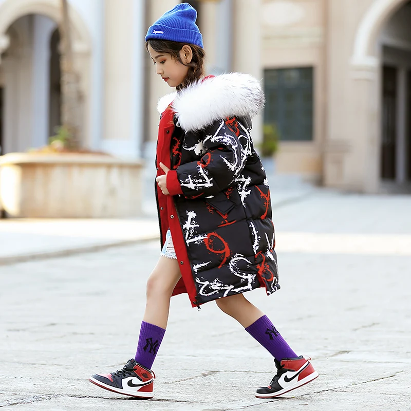 Девочек Зимняя парка пальто с капюшоном меховой воротник теплая верхняя одежда