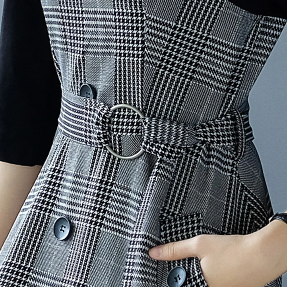 

Elegant Korean Women Plaid Midi Dress Casual Office Ladies Work Wear Belt Slim Patchwork A Line Dresses Japanses Clothes Summer