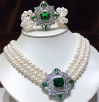 habitoo luster 3 row 9 10mm natural white cultured freshwater pearl green ruby cubic zircon square acc necklace bracelet set
