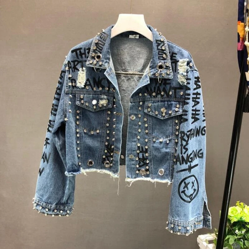 Graffiti Print Denim coat Punk Rock Jeans jacket 2021 New Autumn Rivet Hip Hop Holes Coat Big Size Coats High Waist LT556S50 | Женская