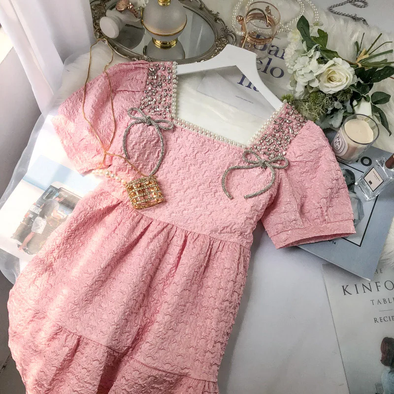 

2021 Summer French Retro Bead Rhinestones Puff Sleeve Square Collar Ladies Knee-length Dress Gentle Sweet Women Mid-Length Dress