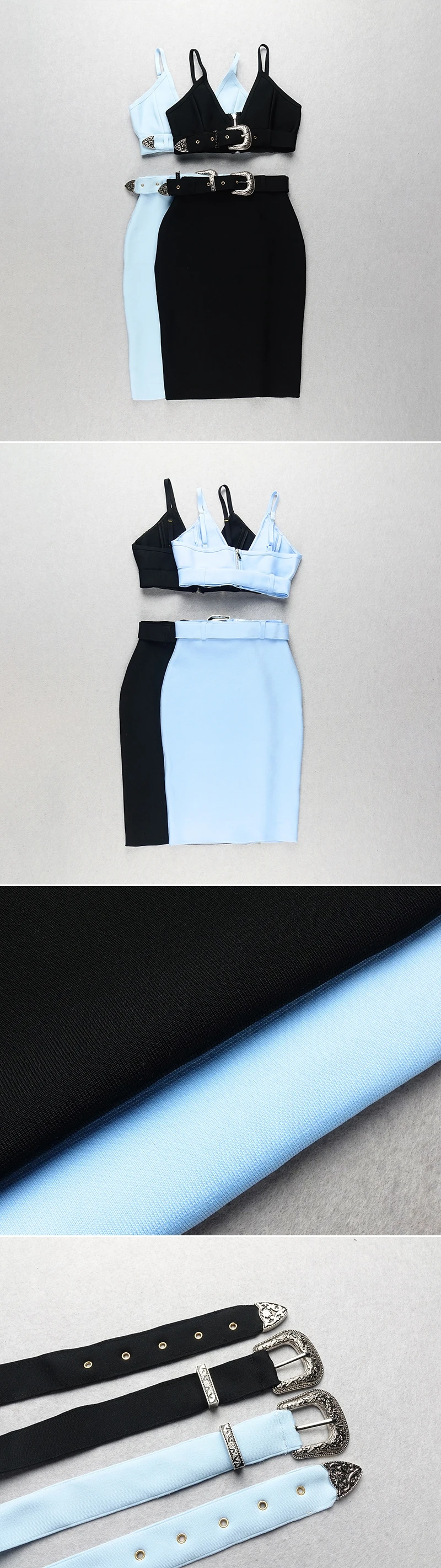 VC All Free Shipping Hot New Trendy Two Pieces Set Sashes Design Sexy Spaghetti Strap Celebrity Party Skirt Suit