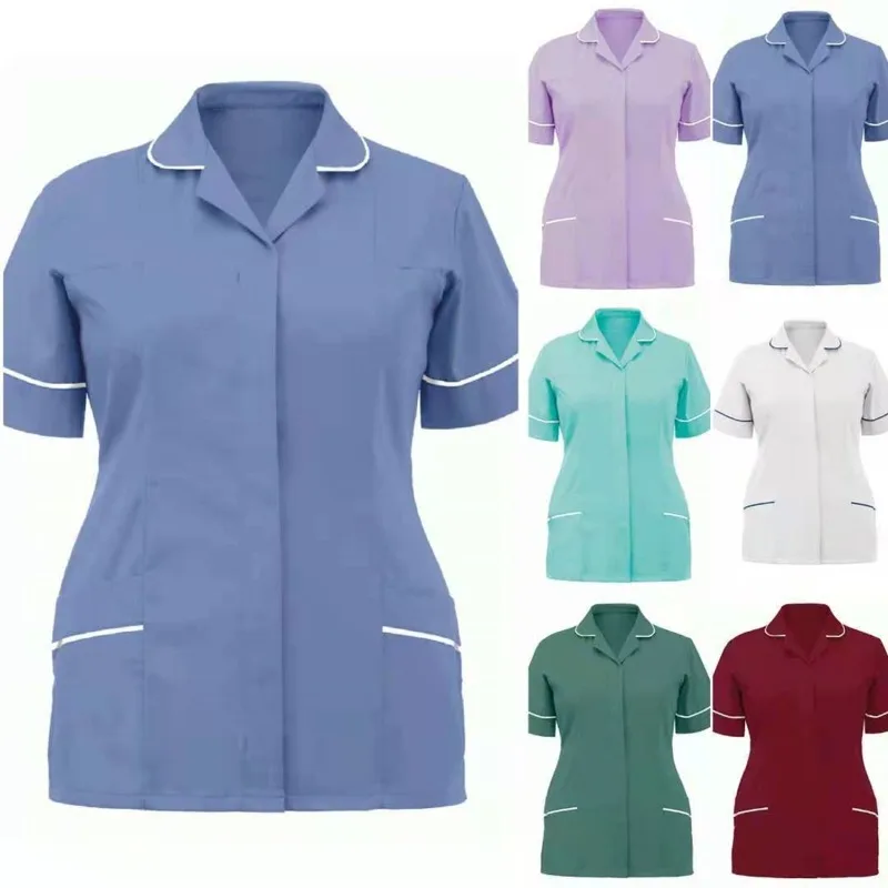 

2021 Workwear Tops For Women's Fashion Nurse Uniform Ladies Lapel Turn-down Collar Clinic Care Workers Medical Blouse