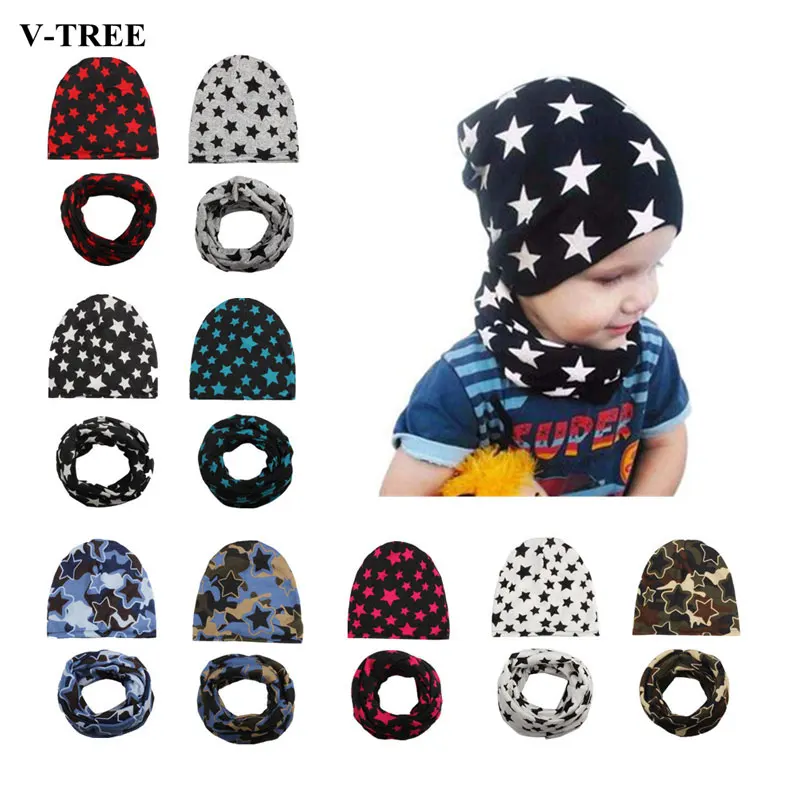 

Winter Baby Hat Scarf Set Cotton Newborn Photography Props Boys Cap Star Print Kids Hats Newborn Bonnet Beanie Kids Caps