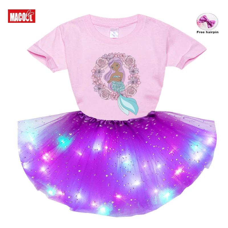 

Kids Girls Ballet Tutu Dress Sets Summer Short Sleeve T-shirt+luminous Skirt+hairpin 3pc Set Girl Casual Wear Children Clothing
