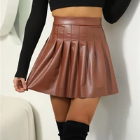 brown pu mini skirts for women new big size xxl black navy high waist sexy pleated short skirt ladies faux leather mujer faldas