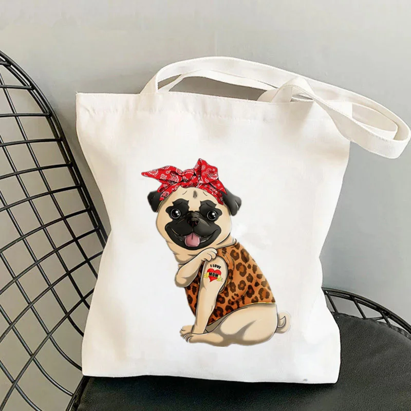 

Shopper Bandana Pug i love Mom Printed Kawaii Bag Harajuku women Shopping Bag Canvas Shopper Bag girl handbag Shoulder Lady Bag