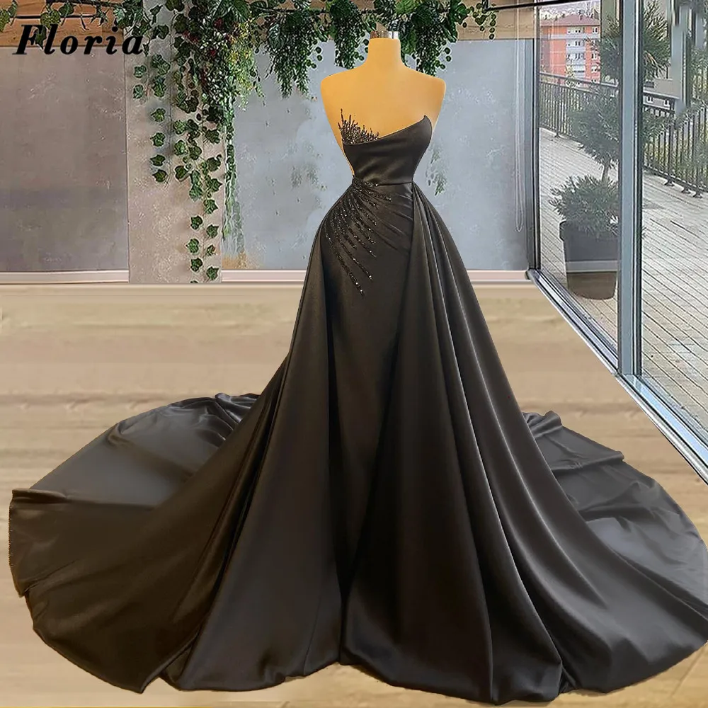 

Floria Customize Satin Prom Dresses Strapless Long Train Formal Party Night Dress Vestidos De Festa Elegant Wedding Evening Gown