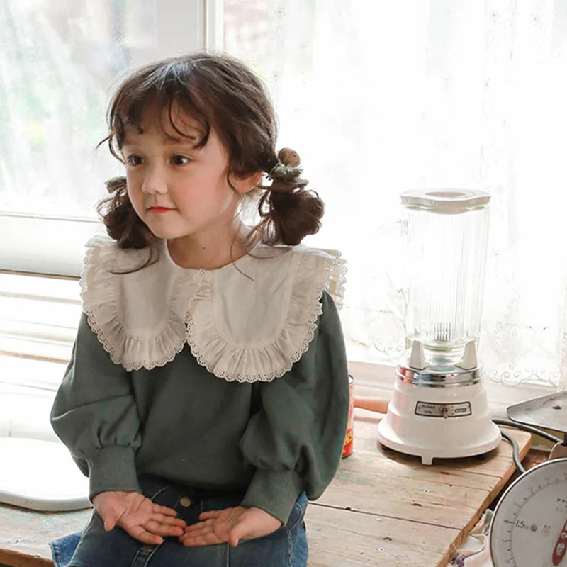 

Новинка весны 2022, детская одежда, модная милая блузка в стиле пэчворк с отложным воротником для девочек, свитшот с рукавами-фонариками, детс...