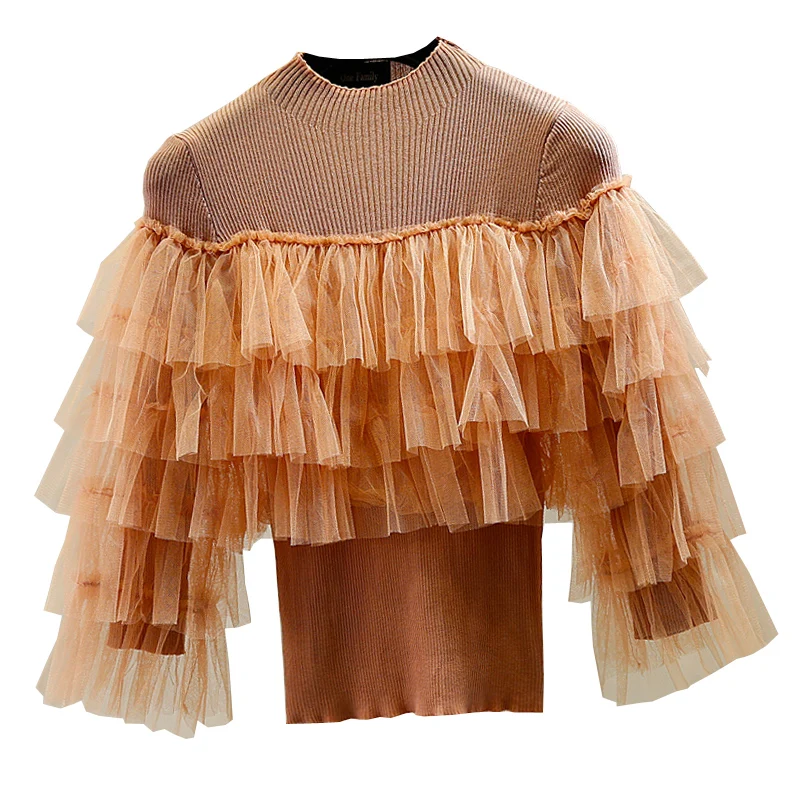 Женский топ с милой многослойной сеткой в виде листьев лотоса облегающая