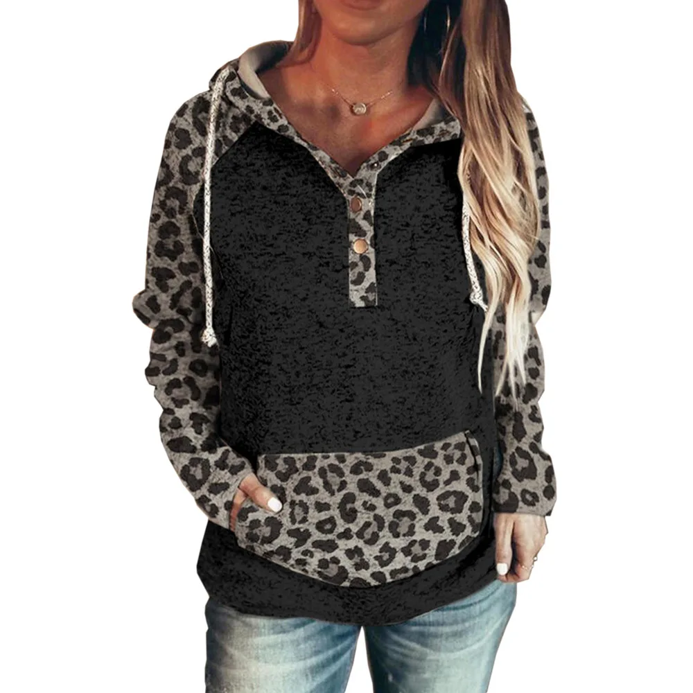 

Ursuper 2021 Autumn and Winter New Independent Station Leopard Print Top Women's Clothing Button Hooded Sweater