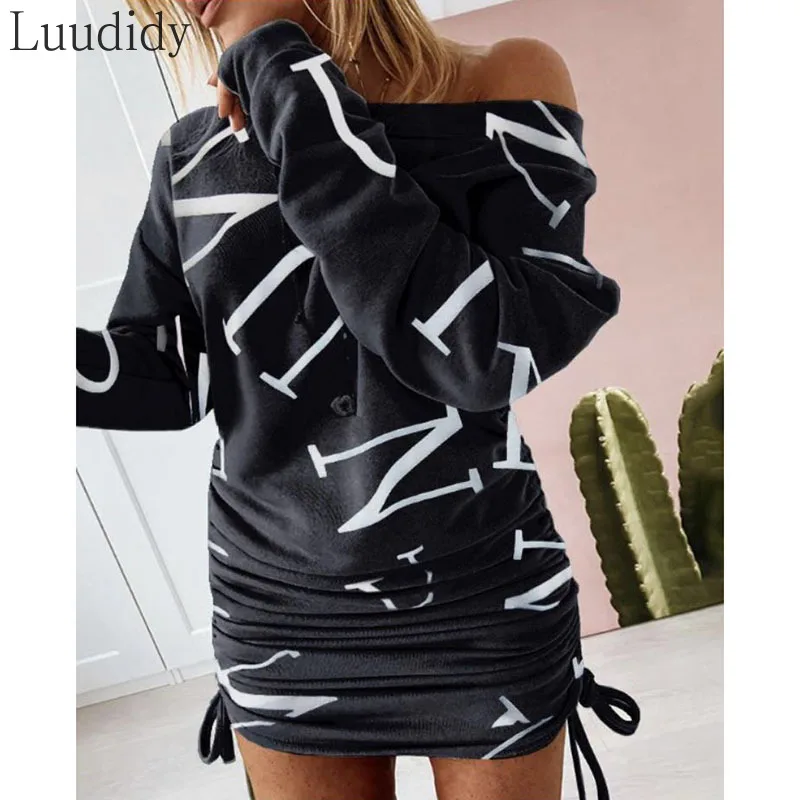 

Women Ruched Long Sleeve Sweatshirt Dress Off Shoulder Drwastring Autumn Winter Dresses