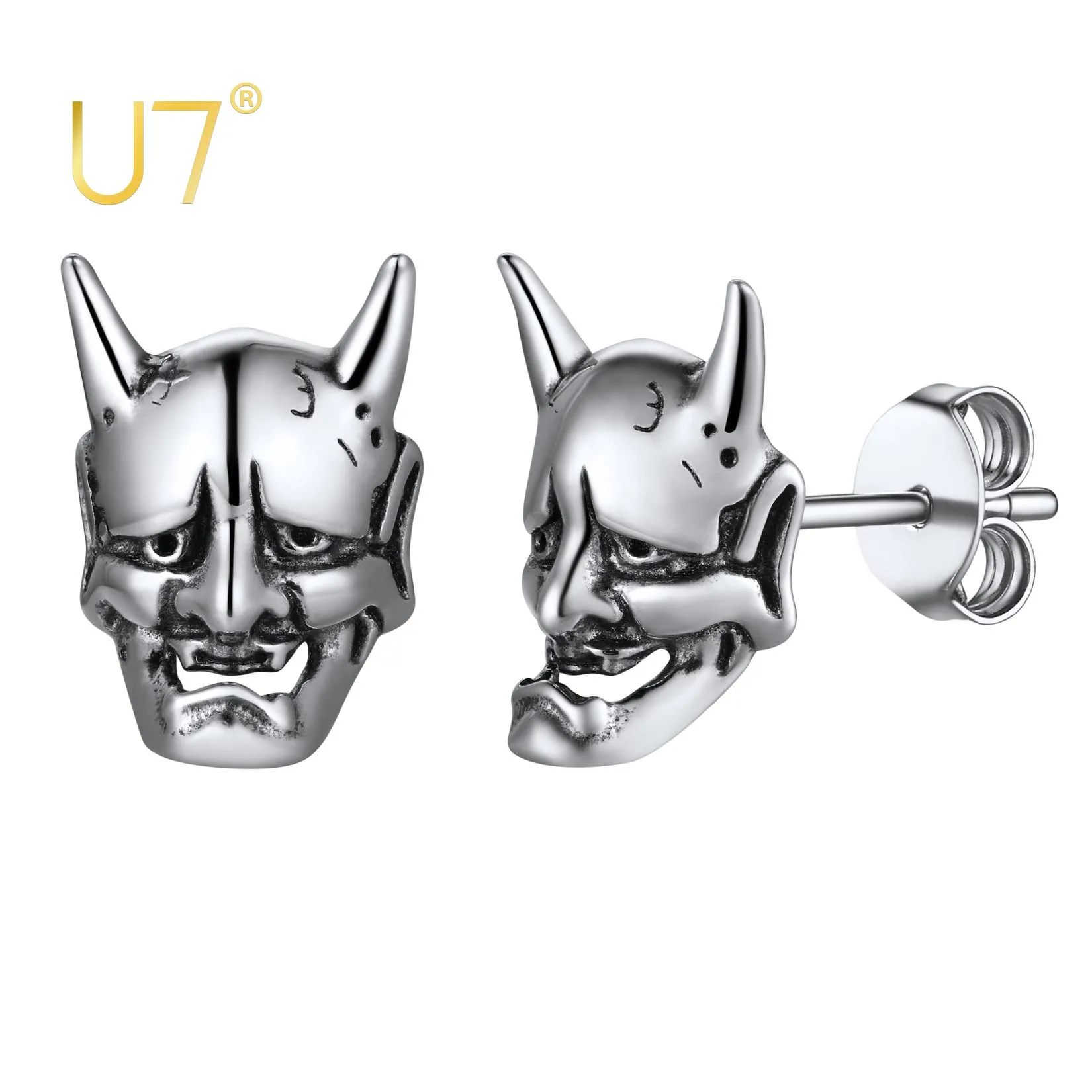 

U7 Hannya Mask Earrings 925 Silver Silver Demon Horn Amulet Stud Earrings for Women