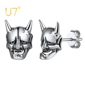 U7 Hannya Mask Earrings 925 Silver Silver Demon Horn Amulet Stud Earrings for Women