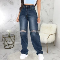 women 2022 street fashion ripped hole wide leg jeans vintage high waist zipper baggy wide lege blue female denim trousers pants