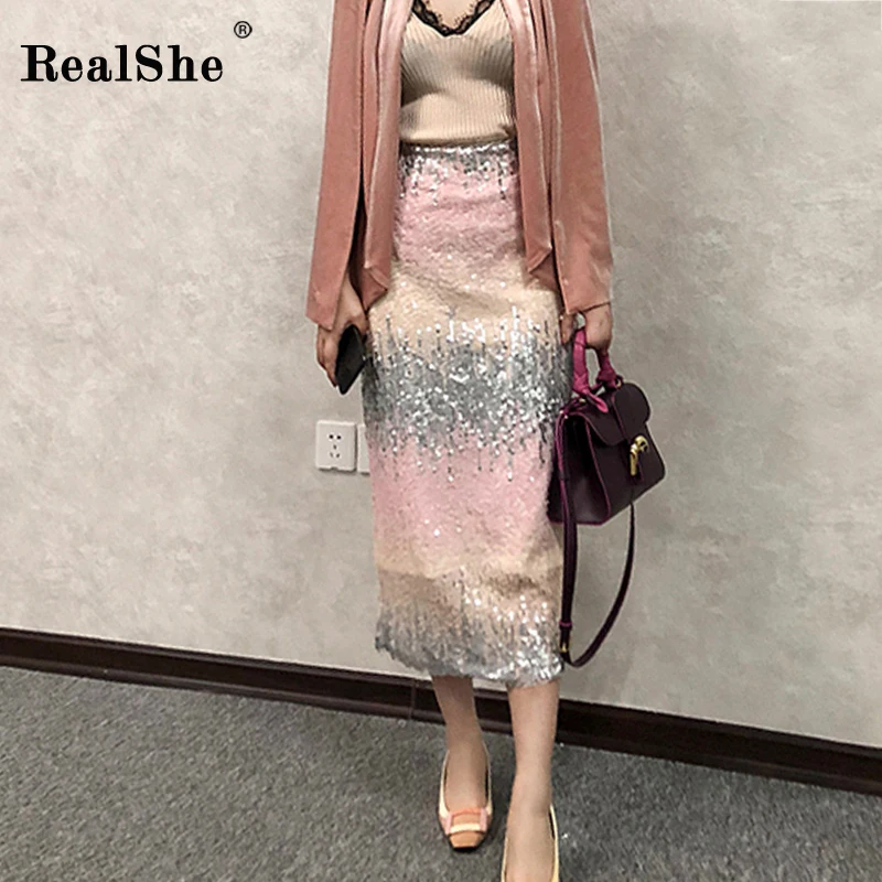 RealShe модная Осенняя Женская юбка с блестками, с разрезом, градиентные юбки-карандаш для женщин, большие размеры, сексуальная облегающая юбка миди