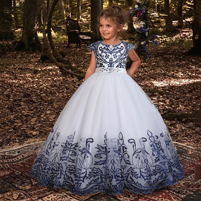

2021 Flower Long Bridesmaid Dress Kids Dresess For Girls Clothes Back Button Princess Dress Party Wedding Girl Gown 10 12 Years