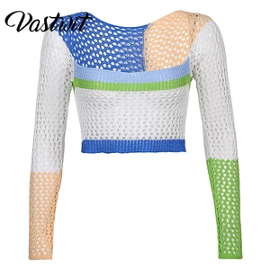 Women Y2K Crochet Kint Crop Top Long Sleeve Pullovers Fashion Color Block Hollow Out Loose Shirts Sweater