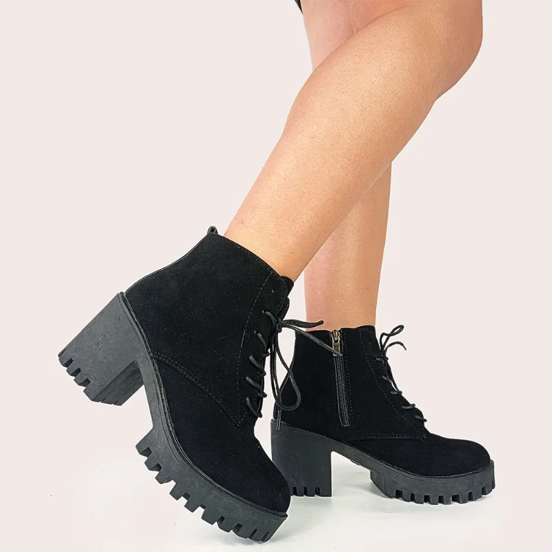 

Ladies Side Zipper Thick Heels Round Toe Plus Velvet Plus Size Motorcycle Boots Lace-up Ankle Boots British Style Martin Boots