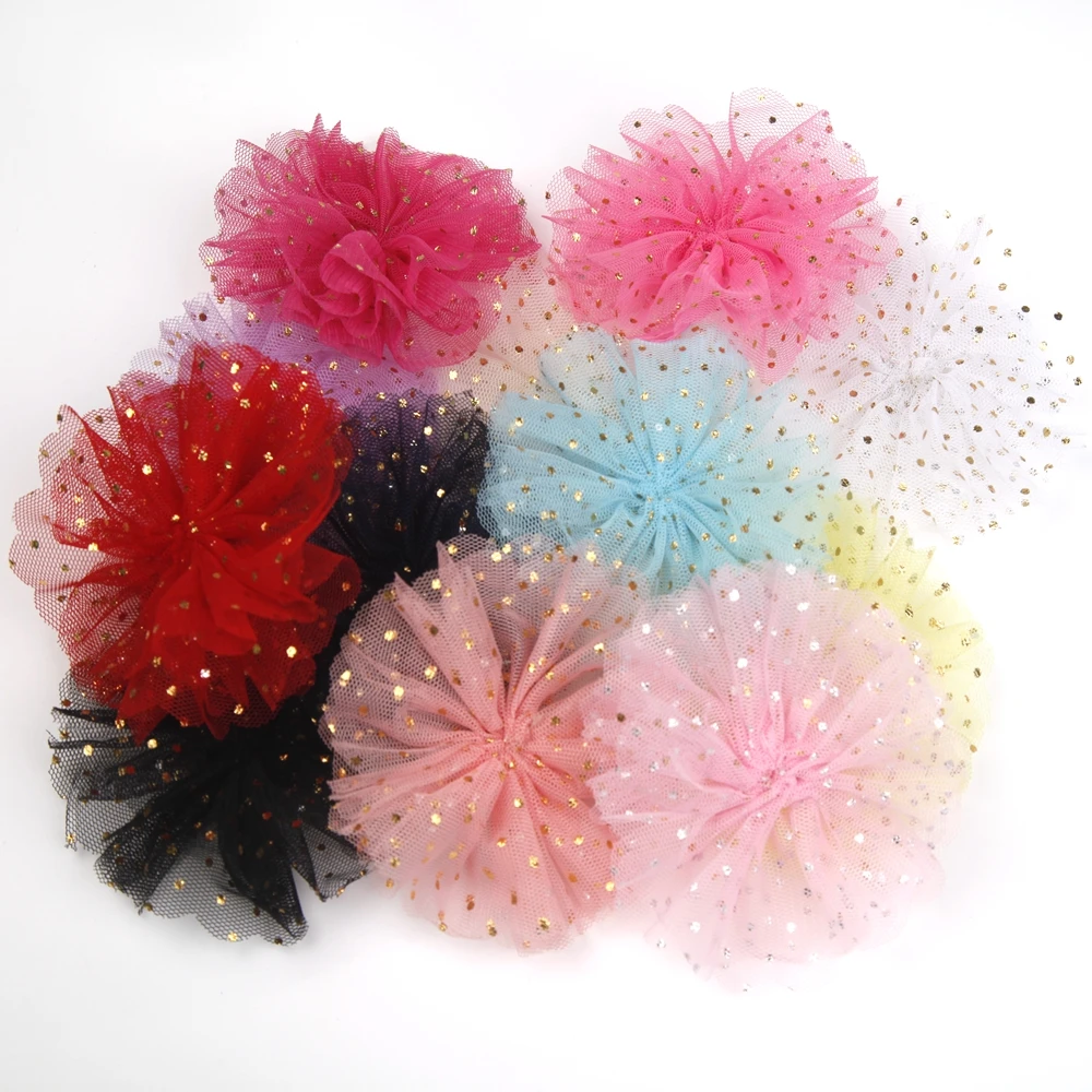 

12PCS 3.5inch Net yarn lace Chiffon Flower Cluster No Hair clips Hair Accessories for Girls Hair Bows Baby Kid hair Accessories