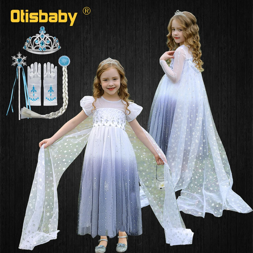

Girl Elsa Dress Halloween Fancy Princess Costume Toddler Girl White Embroidery Flower Crystal Dresses with Snowflake Long Tail