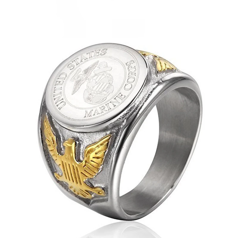 Silver Color Gold US Eagle Border Stainless Steel Mens Military Ring The United States USMC Army Navy Ring