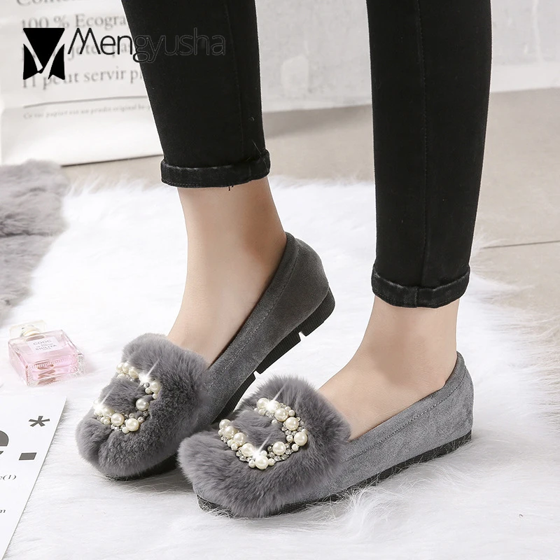 Из флиса на плоской подошве Зимняя женская обувь с кристаллами меховые Мокасины