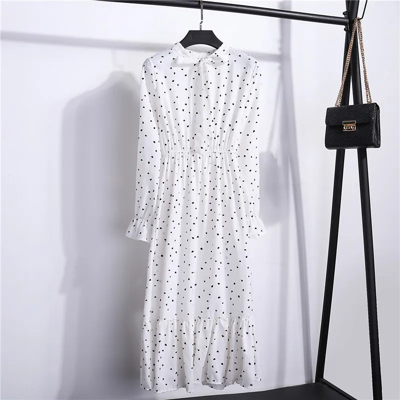 

2021 Autumn Women Dress For Female Long Sleeve Chiffon Shirt Dress A-line Midi Winter Dress White Bow Floral Vestidos Vintage