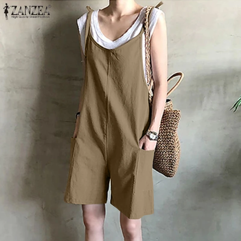 

ZANZEA Solid Short Overalls 2021 Summer Womens Jumpsuit Fashion Sleeveless Wide Leg Playsuits Casual Loose Dungarees Romper