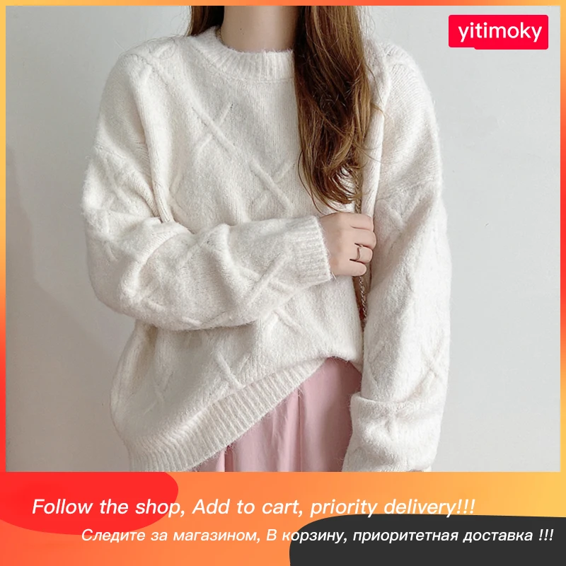 

Yitimoky белый свитер для женщин осень зима толстые свободные стильные пуловеры с круглым вырезом 2021 модные повседневные винтажные Джемперы ре...