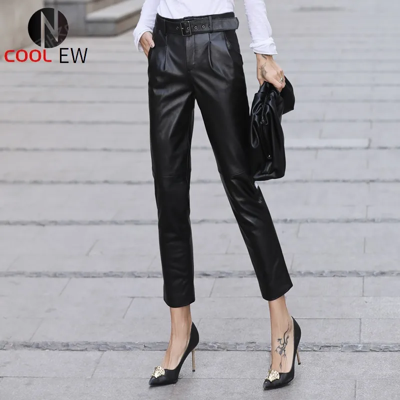 

Wmen Ankle Length Belted Sheepskin Harem Pants Fashion Office Ladies Slim Genuine Leather Pencil Pants Casual Mujer Pantalones