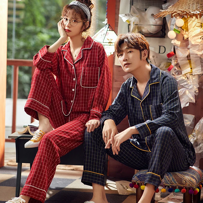 

Couple Pajamas Set Autumn Cardigan Pyjamas Women and Men Pajamas Long Sleeve Sleepwear Men Lounge Pijama Plus Size M-3XL
