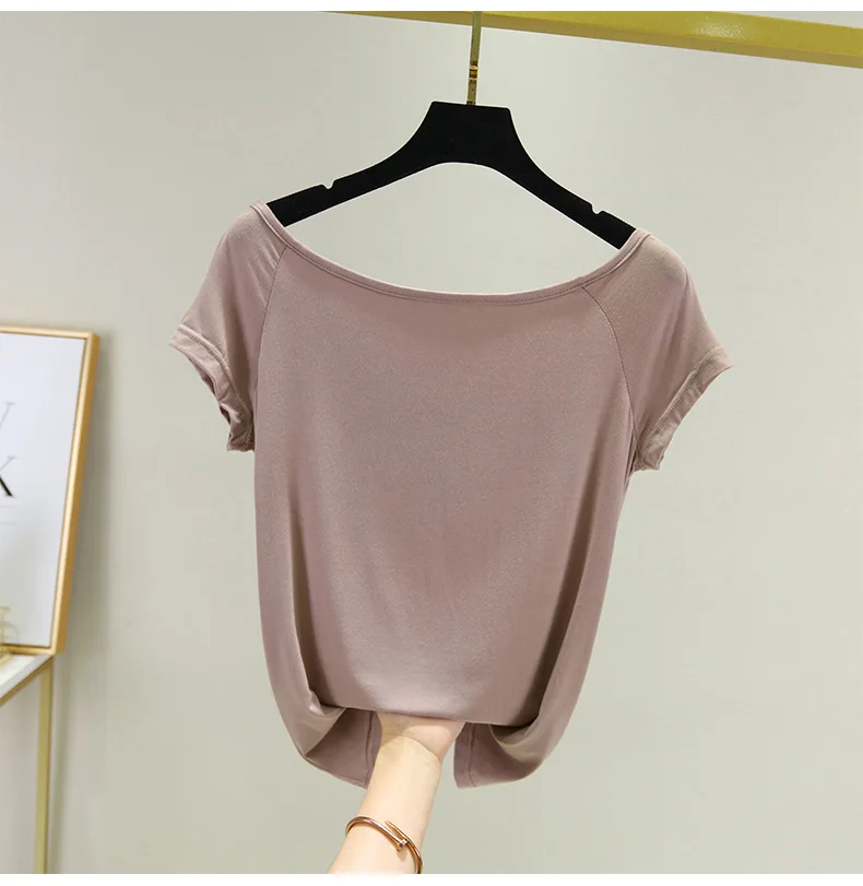 

2021 Summer Women Modal Loose Short Sleeve T Shirt Girls Fashion Slash Neck Big Size Tops Casual Solid Color Slim Tee For Women
