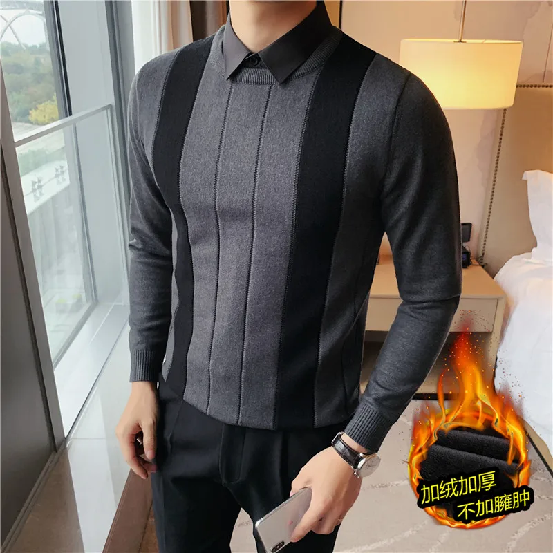 

Plus Size 4XL-M Fake-2Pieces Autumn Winter Thick Stripes Spliced Sweaters For Men Clothing Slim Fit Casual Knit Pull Homme Sale