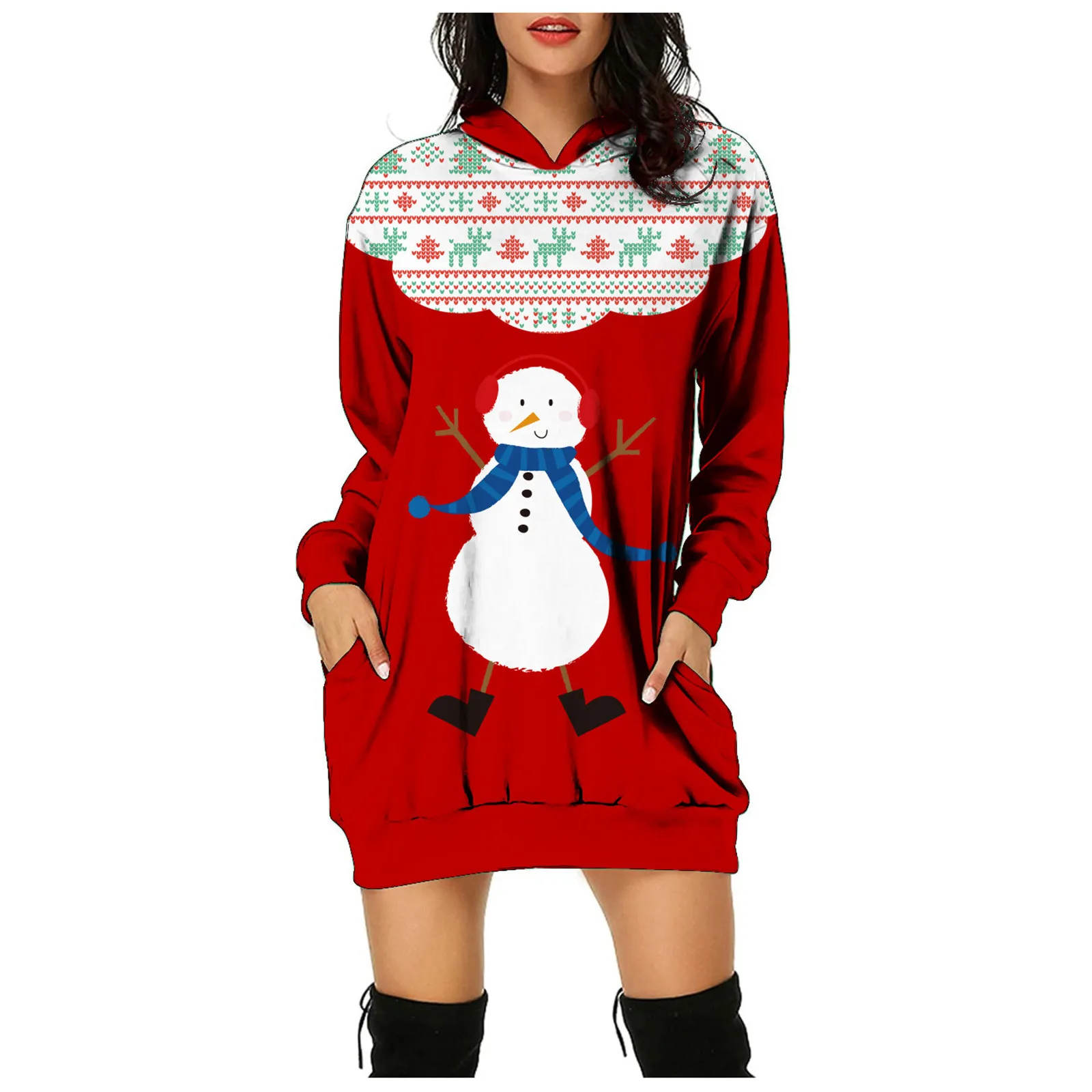 

Женское осенне-зимнее теплое платье с круглым вырезом и рождественским принтом