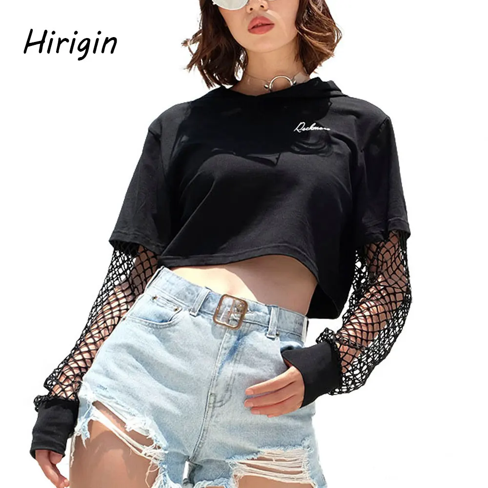 Женская укороченная толстовка с сетчатыми рукавами лоскутный пуловер капюшоном