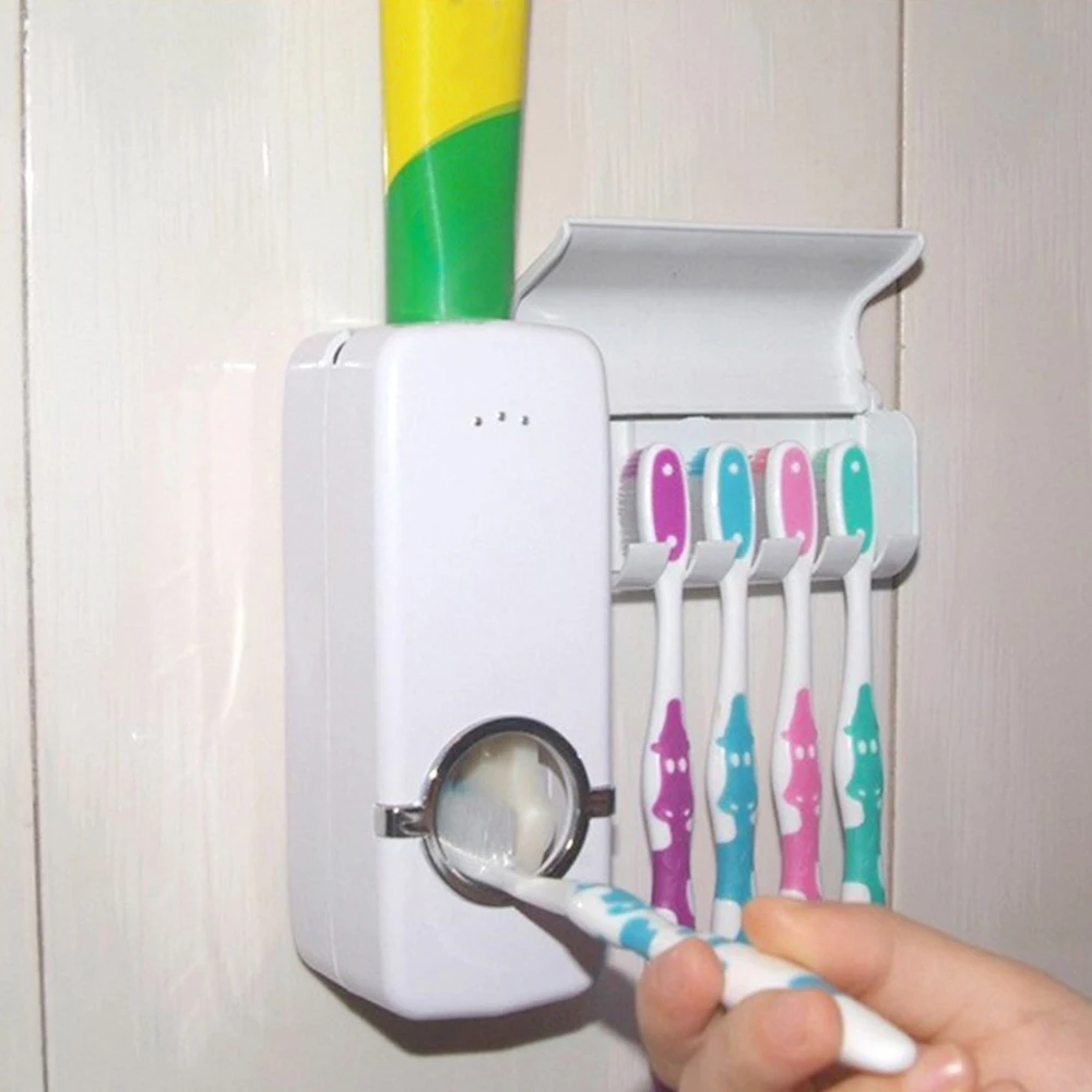 

New Toothbrush Holder Automatic Toothpaste Dispenser With Cup Wall Mount Toiletries Storage Rack Bathroom Accessories Set