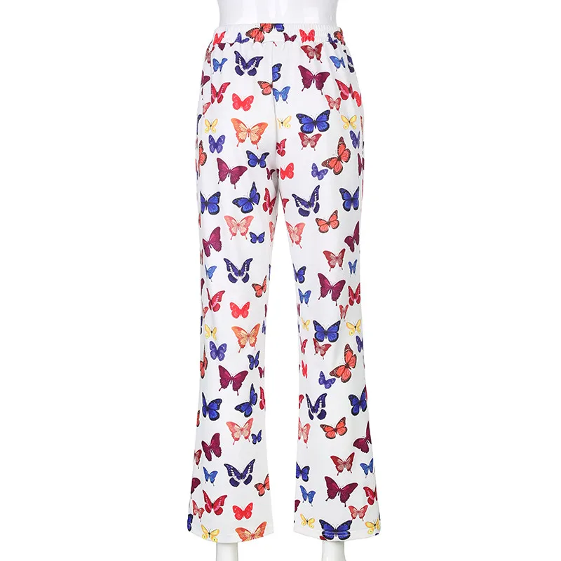 

Pants Butterfly Print Wide Leg Trousers Women 2020 New Stretch Elastic High Waist Streetwear Jogger Flared Pocket Bottoms