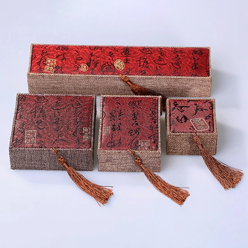 

Винтажная коробка для колец в стиле ретро, красная льняная фотокоробка, подвеска, браслет, коробка с кисточками, коробка для ожерелья