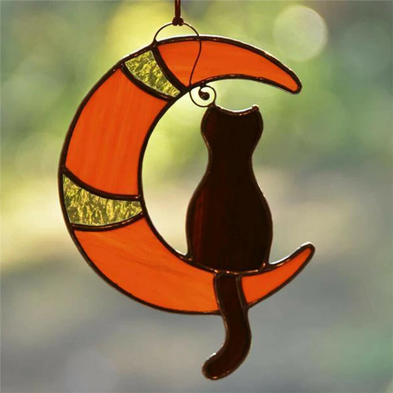 

1pcs Stained Glass Cat On the Moon Window Hanging Sticker Suncatcher Cat Lover Gift Pet Gift Black Cat On the Moon Home Decor