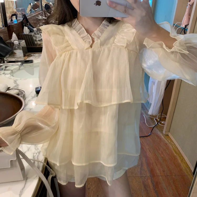 

Make firm offers summer new super fairy han edition loose long-sleeved chiffon unlined upper garment of brim horn sleeve blouse