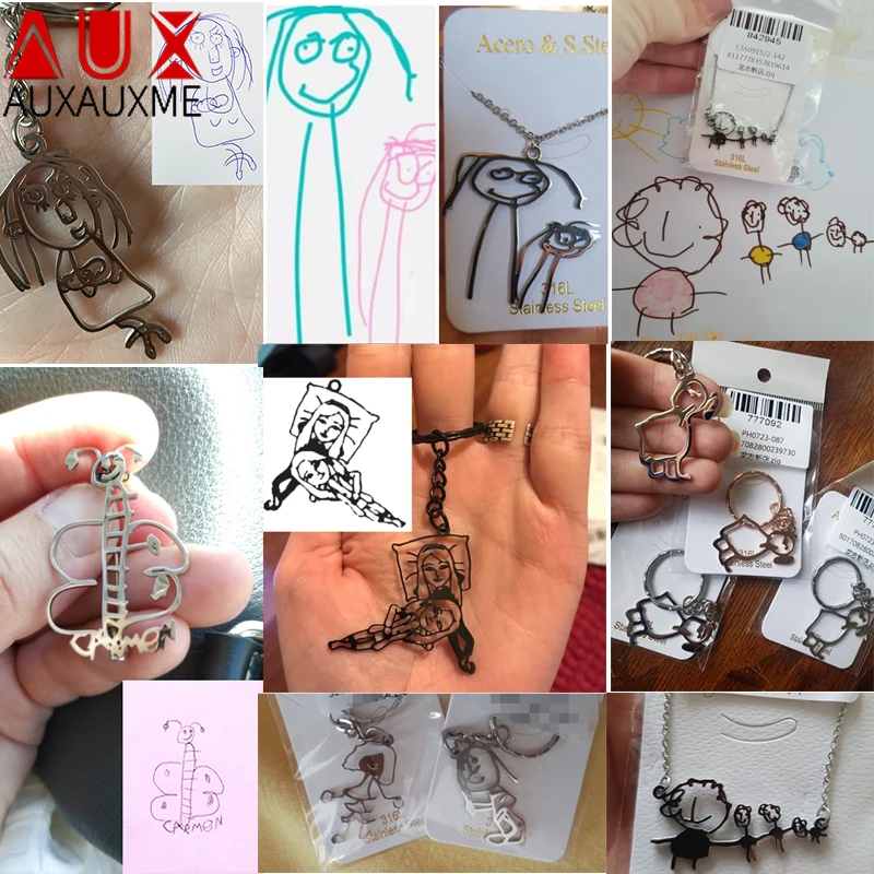 Auxauxme Custom Kids Drawing Necklace Stainless Stee Personalized Children Artwork Pendant for Kids Mom Family Jewelry Gifts